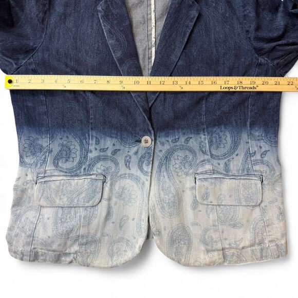 Chico’s Denim Blazer Women's Size 2 Large Ombre Paisley Western Boho Indie - Picture 10 of 13